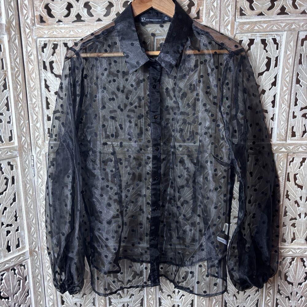 NYC & CO Sheer Blouse Black Polka Dot Button Front Long Sleeve Boho Feminine XL